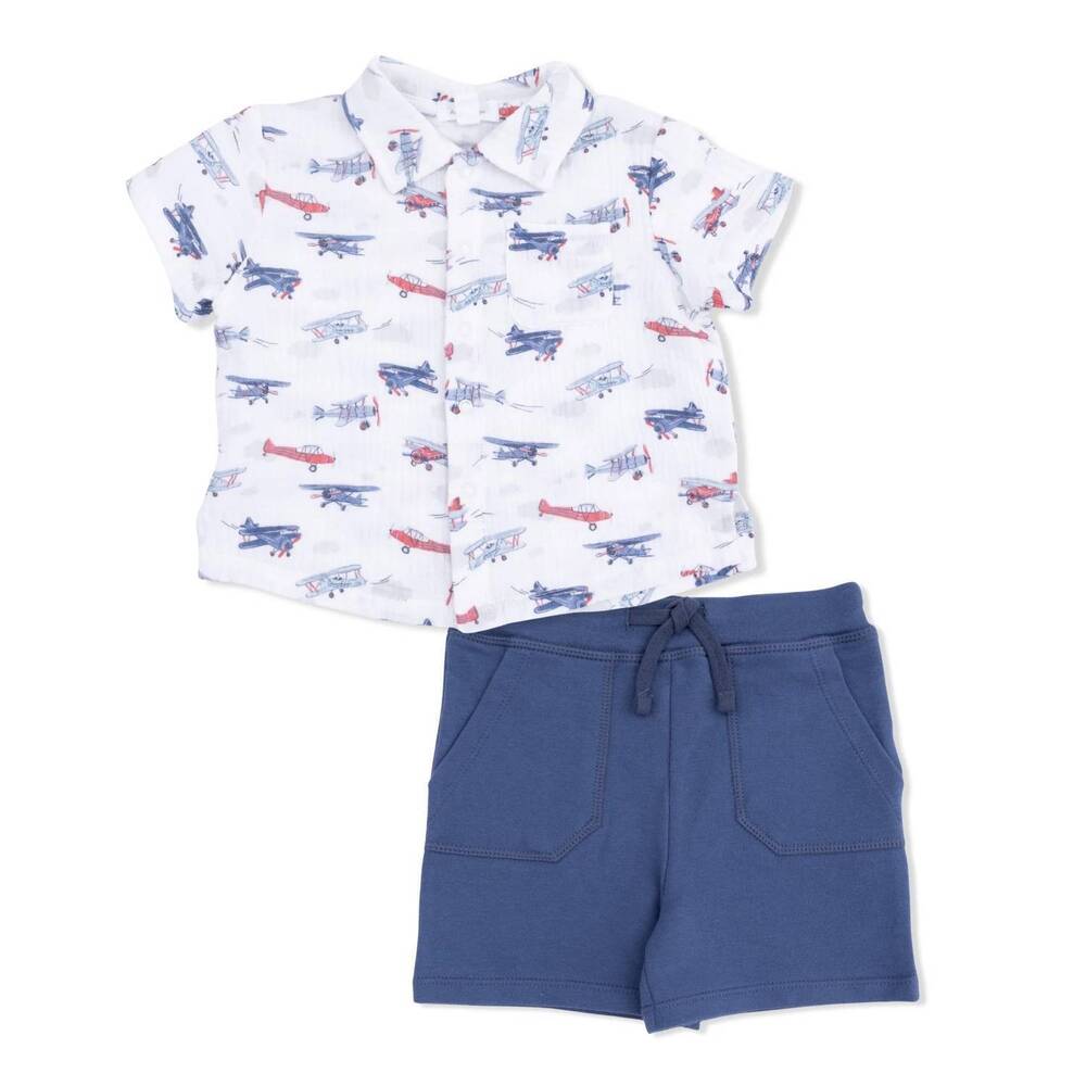NEW ANGEL DEAR kids vintage planes muslin polo with casual short set in white